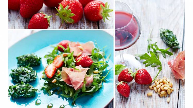 Salade de roquette, fraises, basilic & jambon de parme